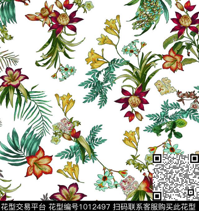 热带华亿平台古典花纹清爽底花卉数码印花华亿平台下载（图片编号: 1012497） - 瓦栏（Walan）