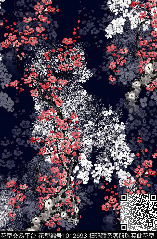 梅花水墨风中国风数码印花华亿平台下载（图片编号: 1012593） - 瓦栏（Walan）