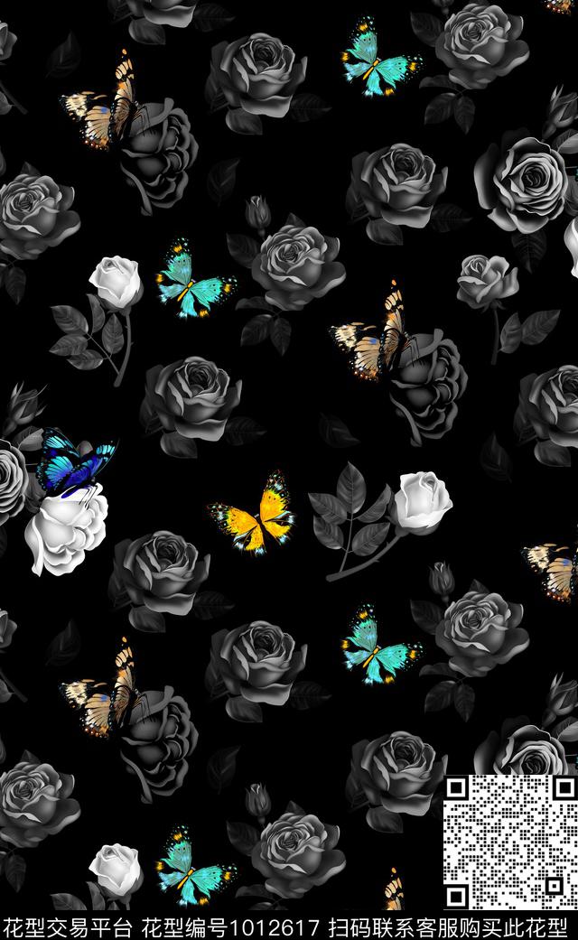 手绘花卉玫瑰花蝴蝶数码印花华亿平台下载（图片编号: 1012617） - 瓦栏（Walan）