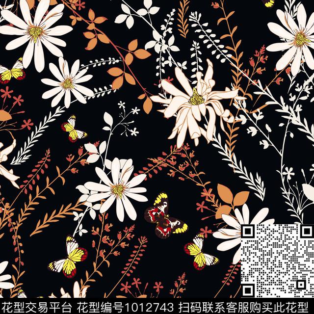 花卉复古蝴蝶数码印花华亿平台下载（图片编号: 1012743） - 瓦栏（Walan）