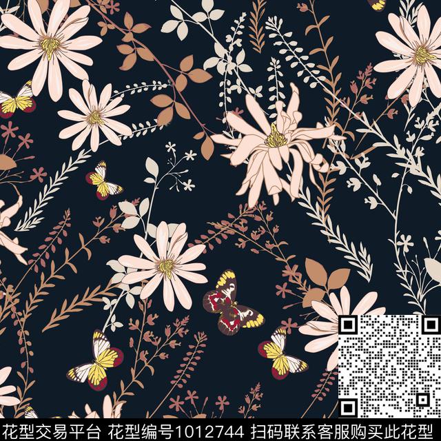 花卉复古蝴蝶数码印花华亿平台下载（图片编号: 1012744） - 瓦栏（Walan）