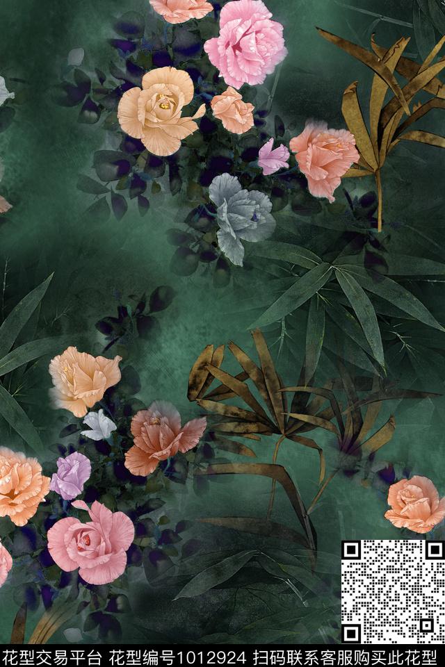 花卉香云纱国画数码印花华亿平台下载（图片编号: 1012924） - 瓦栏（Walan）
