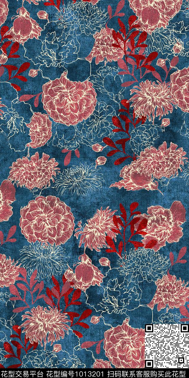 抽象花卉复古麻布华亿平台数码印花华亿平台下载（图片编号: 1013201） - 瓦栏（Walan）