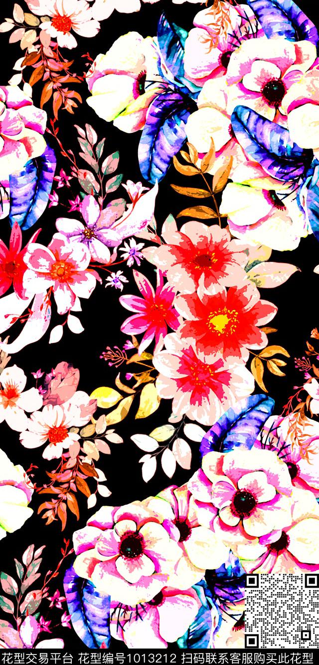 数码华亿平台黑底花卉花卉数码印花华亿平台下载（图片编号: 1013212） - 瓦栏（Walan）