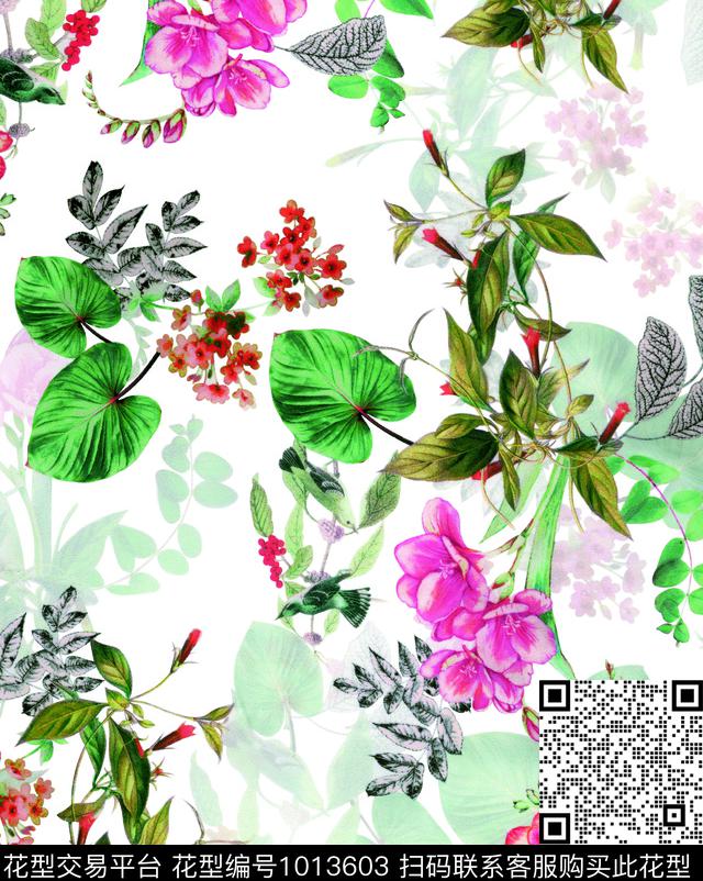 风格化花卉雪纺花卉蝴蝶数码印花华亿平台下载（图片编号: 1013603） - 瓦栏（Walan）