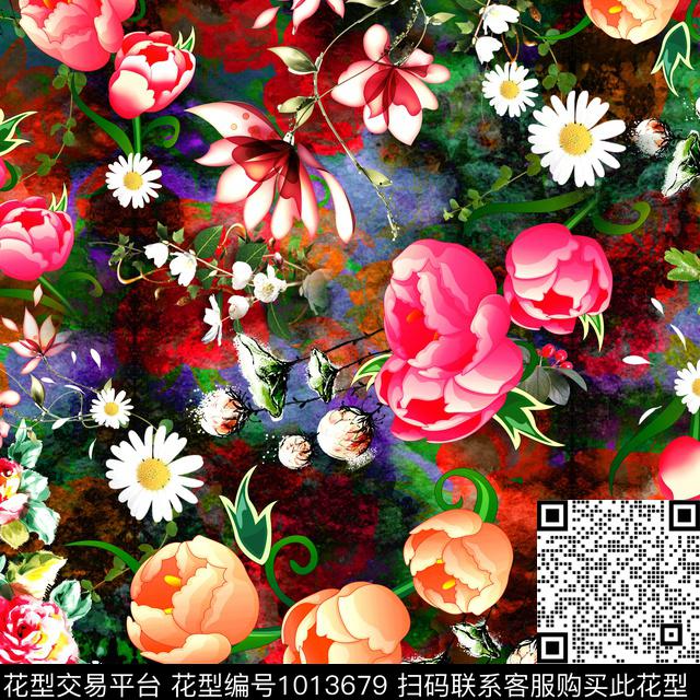 数码华亿平台手绘花卉风格化花卉数码印花华亿平台下载（图片编号: 1013679） - 瓦栏（Walan）