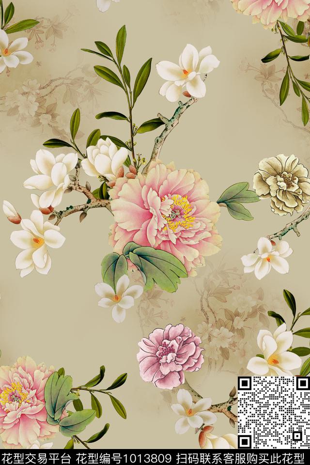 牡丹中国风玉兰花数码印花华亿平台下载（图片编号: 1013809） - 瓦栏（Walan）
