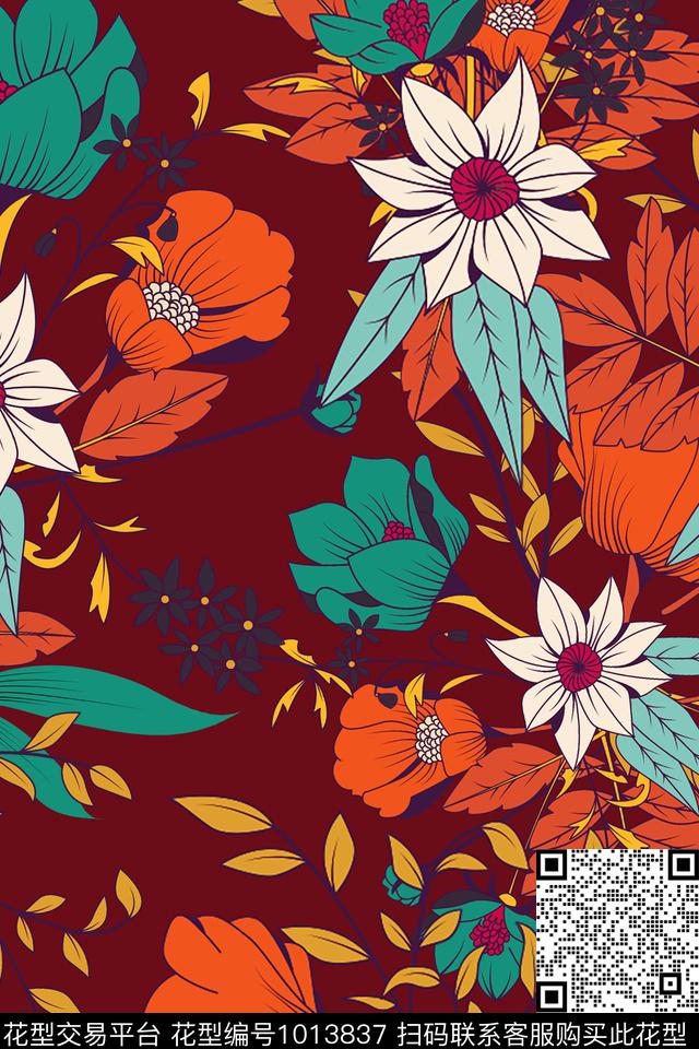 大花花卉杂花数码印花华亿平台下载（图片编号: 1013837） - 瓦栏（Walan）