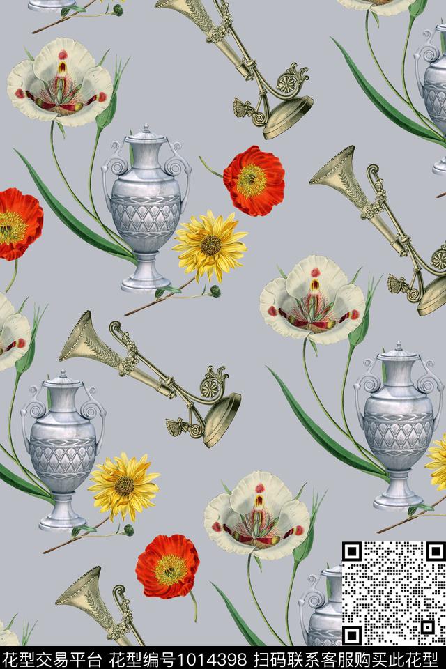 花瓶花卉年轻女性数码印花华亿平台下载（图片编号: 1014398） - 瓦栏（Walan）