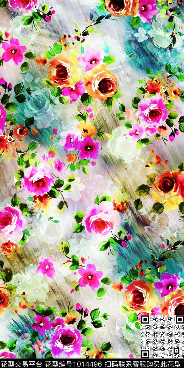 数码华亿平台手绘花卉女装数码印花华亿平台下载（图片编号: 1014496） - 瓦栏（Walan）