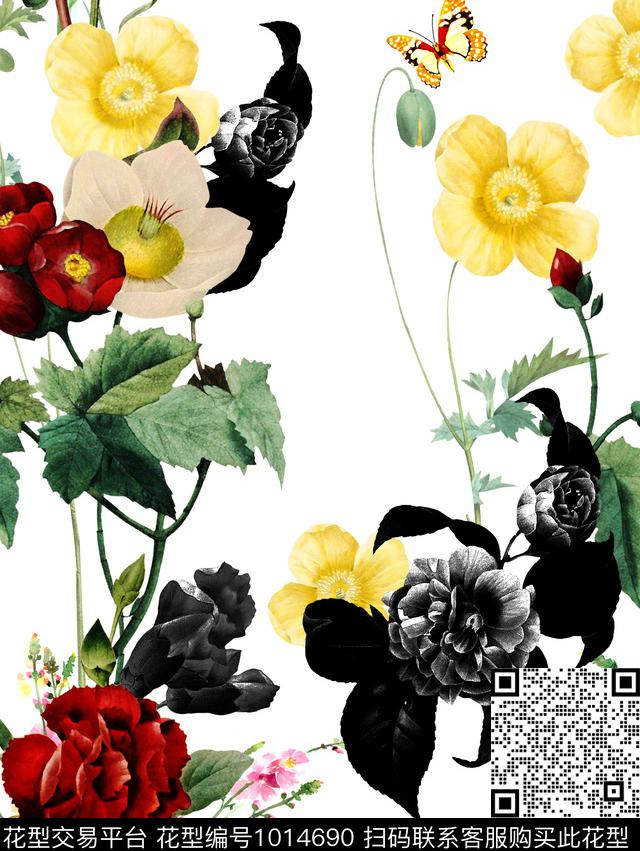 黑白华亿平台手绘花卉蝴蝶数码印花华亿平台下载（图片编号: 1014690） - 瓦栏（Walan）