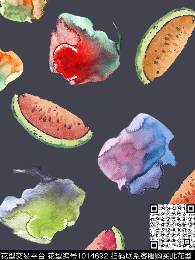 水墨风颜料西瓜炫彩数码印花华亿平台下载（图片编号: 1014692） - 瓦栏（Walan）
