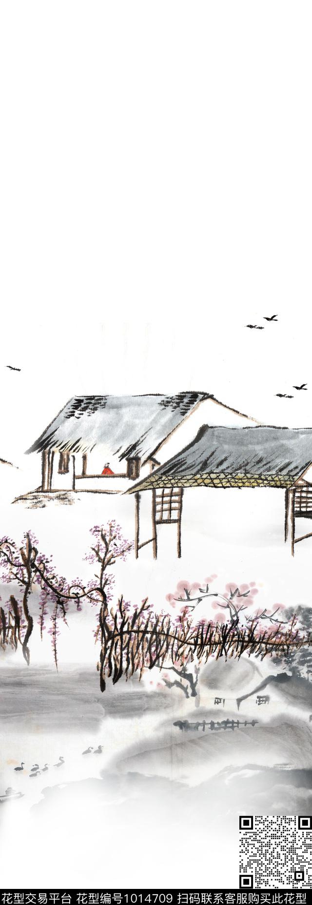 水墨江南中国风风景景观数码印花华亿平台下载（图片编号: 1014709） - 瓦栏（Walan）