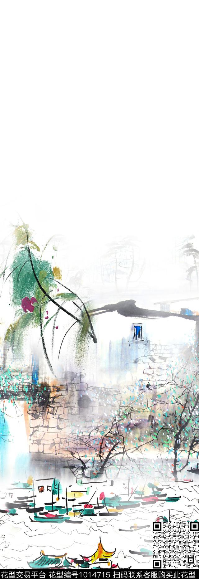 中国风定位花水墨江南风景景观数码印花华亿平台下载（图片编号: 1014715） - 瓦栏（Walan）