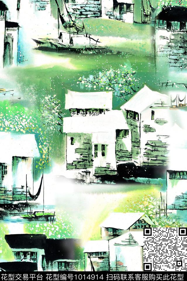 建筑中国风水彩花卉数码印花华亿平台下载（图片编号: 1014914） - 瓦栏（Walan）