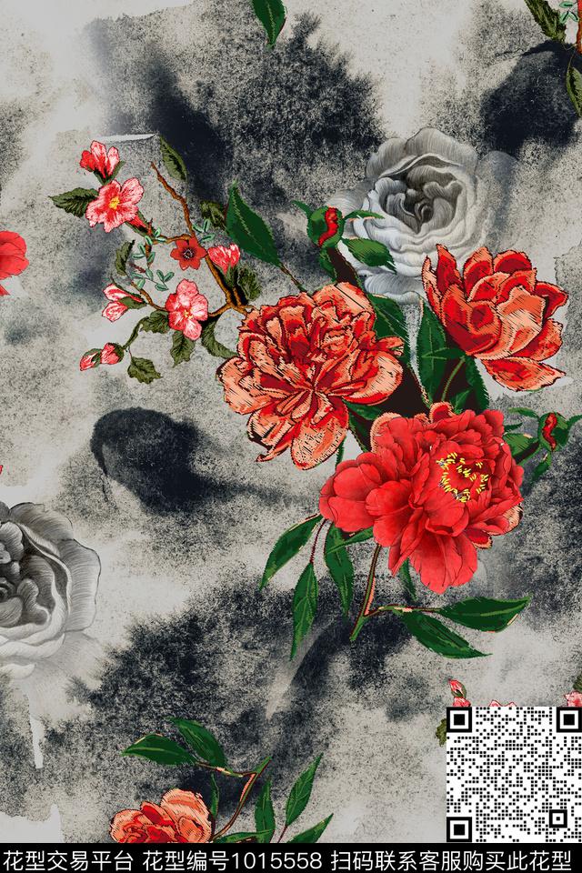 水彩花卉中国风香云纱数码印花华亿平台下载（图片编号: 1015558） - 瓦栏（Walan）