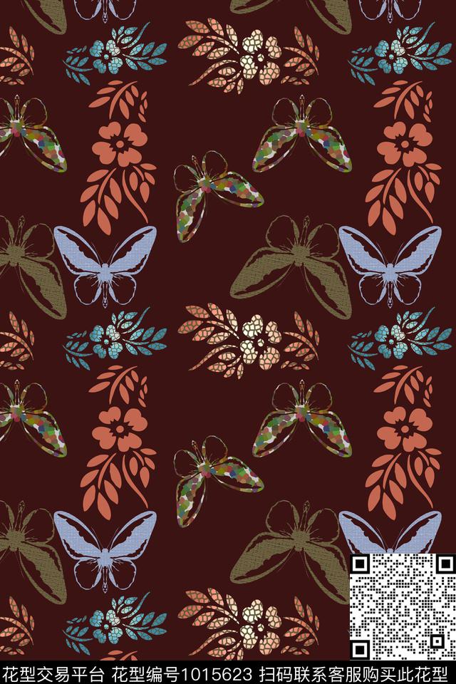 衬衫风格化花卉蝴蝶数码印花华亿平台下载（图片编号: 1015623） - 瓦栏（Walan）