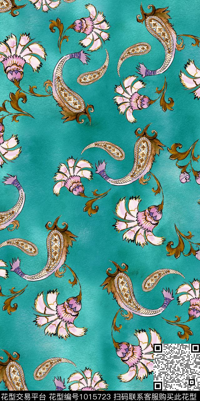 抽象花卉手绘花卉手绘佩斯利数码印花华亿平台下载（图片编号: 1015723） - 瓦栏（Walan）