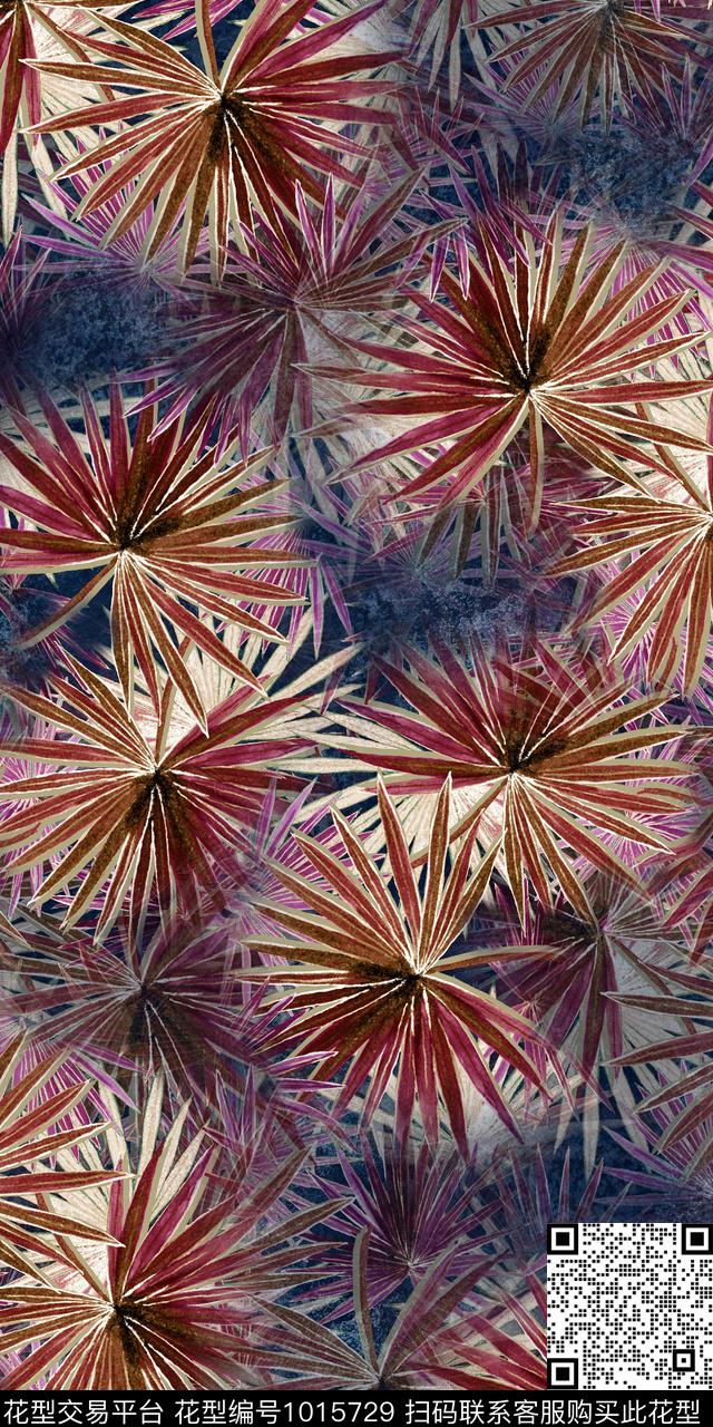 抽象花卉复古抽象叶子数码印花华亿平台下载（图片编号: 1015729） - 瓦栏（Walan）