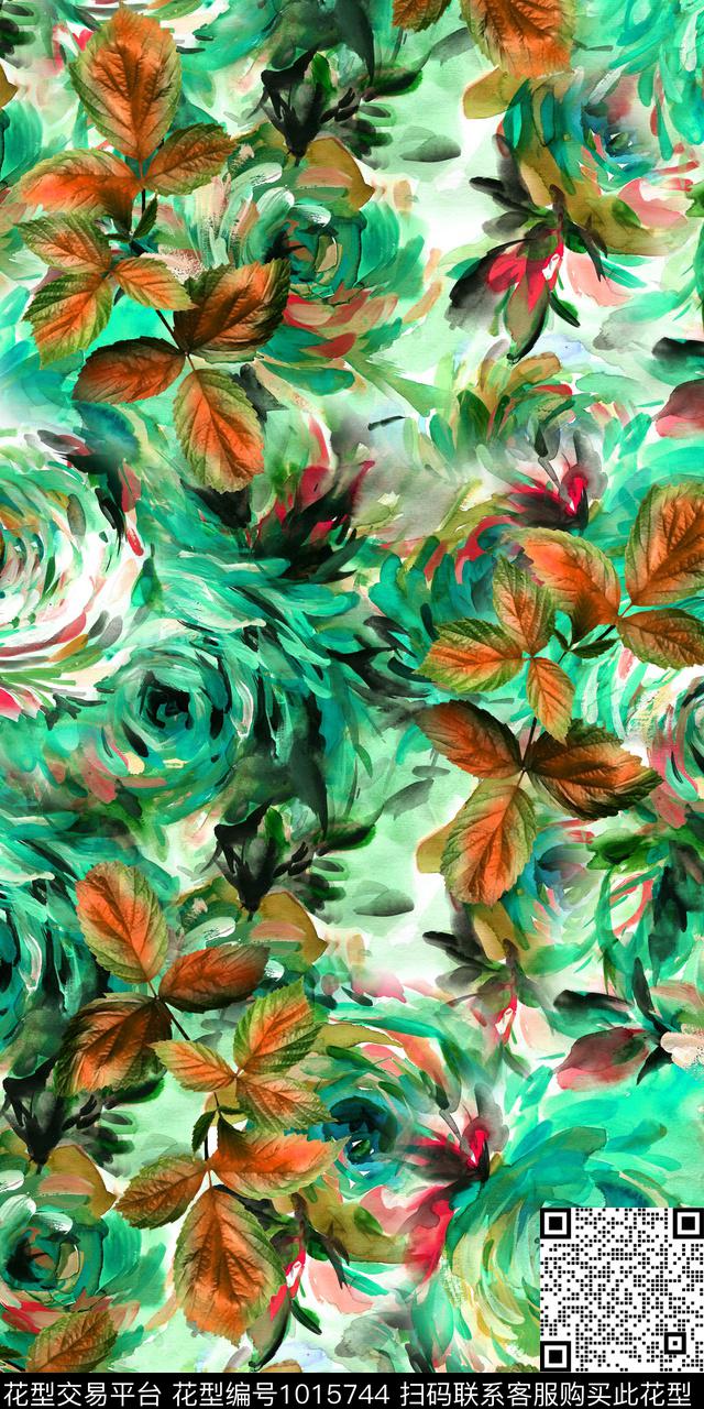 抽象花卉手绘花卉手绘叶子数码印花华亿平台下载（图片编号: 1015744） - 瓦栏（Walan）