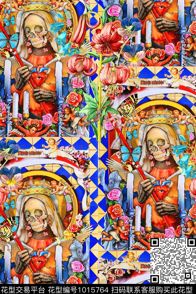 花卉几何混合拼接数码印花华亿平台下载（图片编号: 1015764） - 瓦栏（Walan）