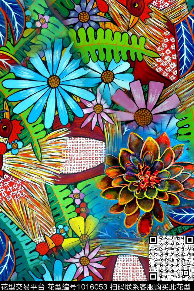 花卉几何油画华亿平台数码印花华亿平台下载（图片编号: 1016053） - 瓦栏（Walan）