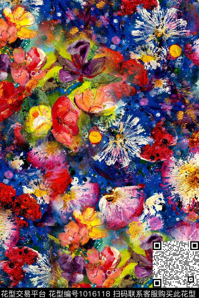 抽象花卉手绘花卉数码印花华亿平台下载（图片编号: 1016118） - 瓦栏（Walan）