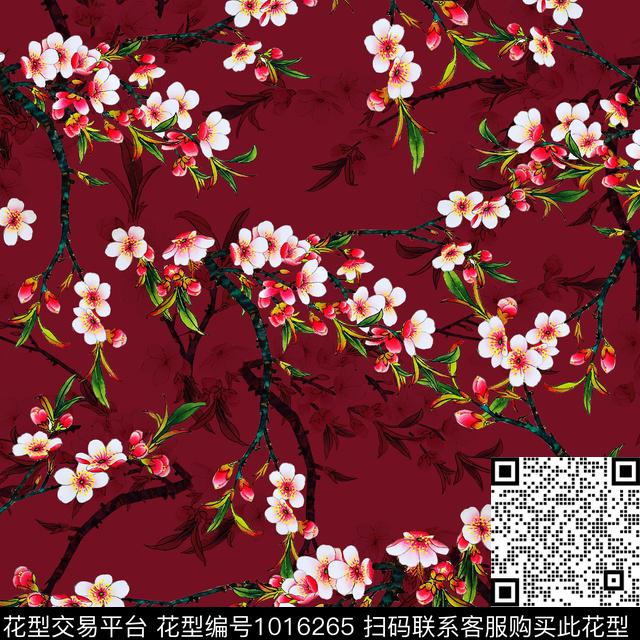 手绘花卉花卉桃花数码印花华亿平台下载（图片编号: 1016265） - 瓦栏（Walan）