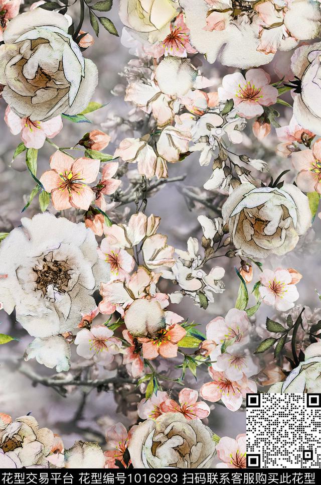 数码华亿平台手绘花卉花卉数码印花华亿平台下载（图片编号: 1016293） - 瓦栏（Walan）