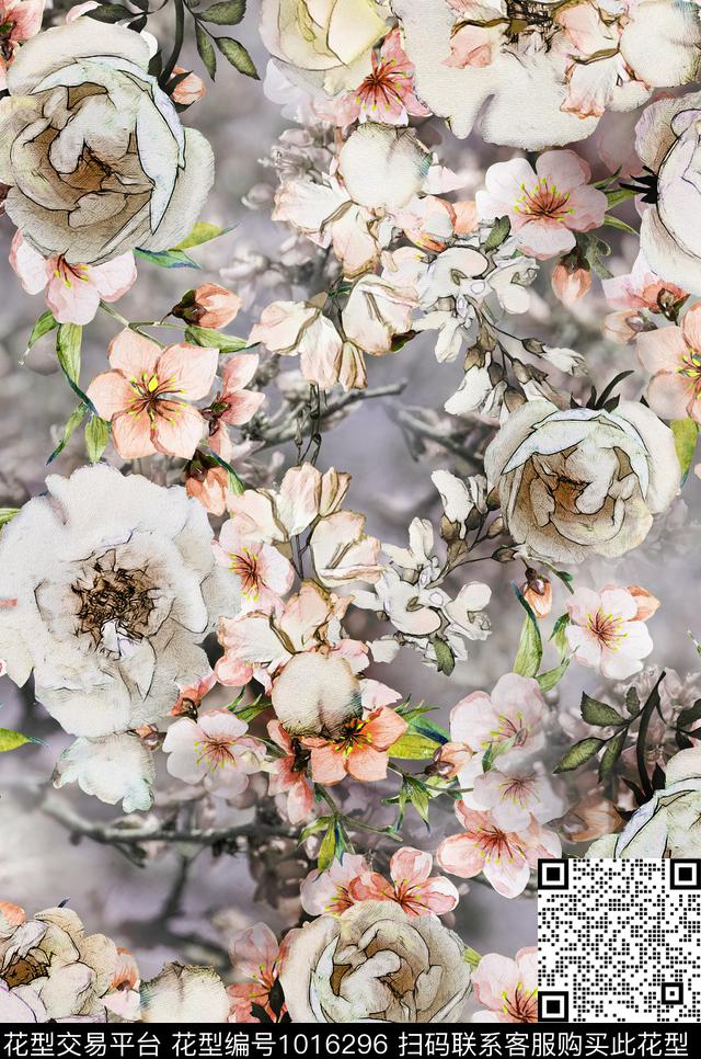 数码华亿平台手绘花卉花卉数码印花华亿平台下载（图片编号: 1016296） - 瓦栏（Walan）