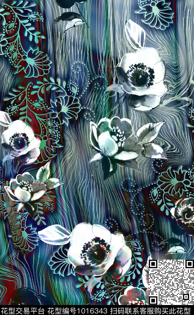 民族风线条花卉数码印花华亿平台下载（图片编号: 1016343） - 瓦栏（Walan）