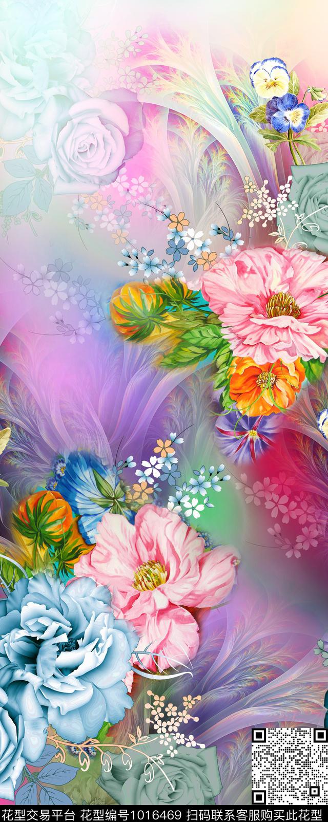 花卉牡丹定位花数码印花华亿平台下载（图片编号: 1016469） - 瓦栏（Walan）