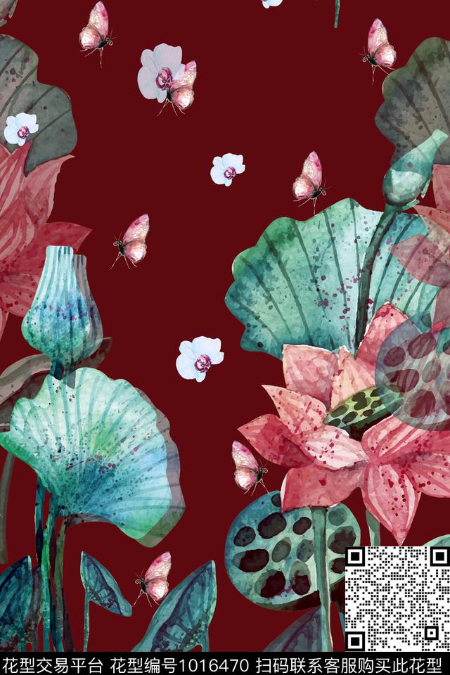 水墨风香云纱荷花数码印花华亿平台下载（图片编号: 1016470） - 瓦栏（Walan）