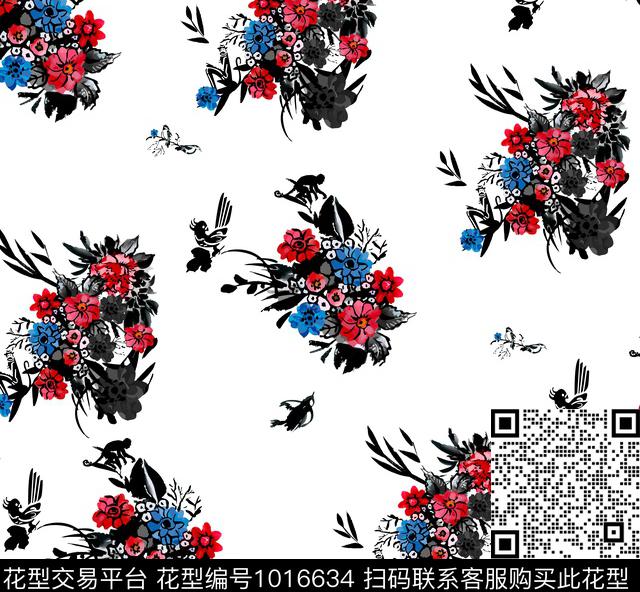 手绘花卉花卉水墨风数码印花华亿平台下载（图片编号: 1016634） - 瓦栏（Walan）