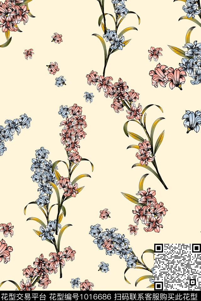 手绘花卉小花枝清爽底花卉传统印花华亿平台下载（图片编号: 1016686） - 瓦栏（Walan）