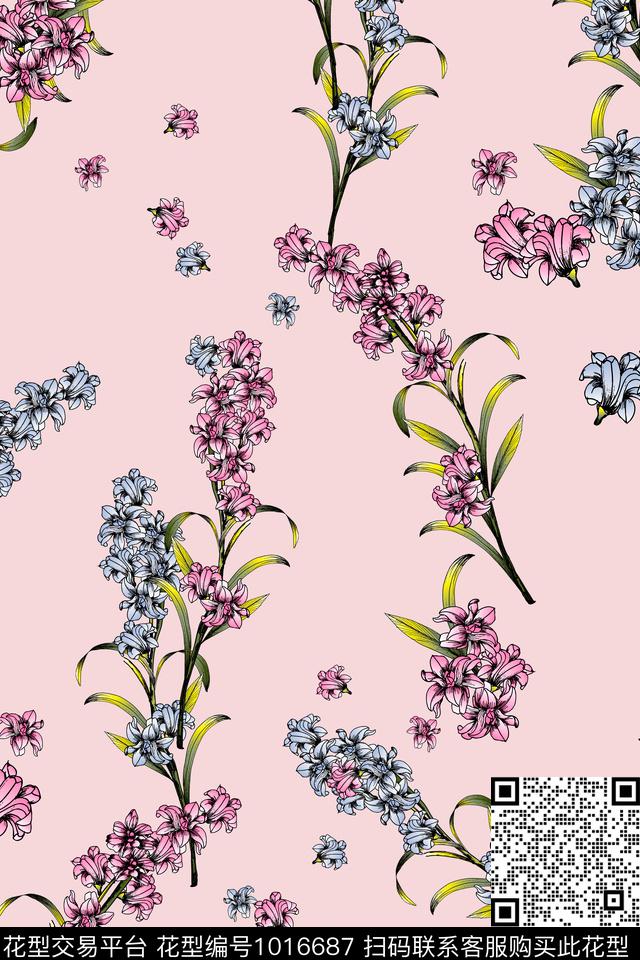 手绘花卉小花枝清爽底花卉传统印花华亿平台下载（图片编号: 1016687） - 瓦栏（Walan）