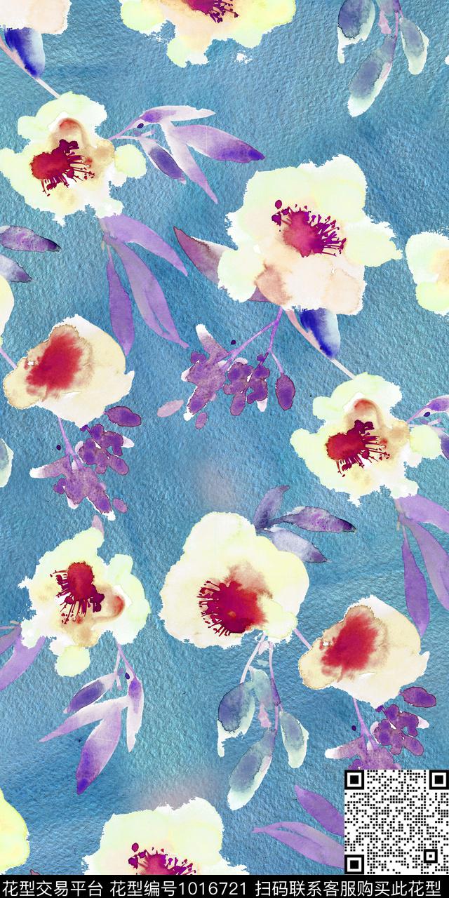 抽象花卉手绘花卉清爽底花卉数码印花华亿平台下载（图片编号: 1016721） - 瓦栏（Walan）
