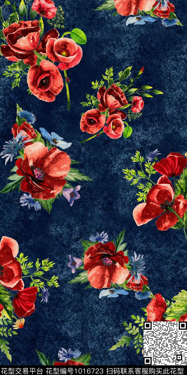 手绘花卉深底花卉麻布华亿平台数码印花华亿平台下载（图片编号: 1016723） - 瓦栏（Walan）
