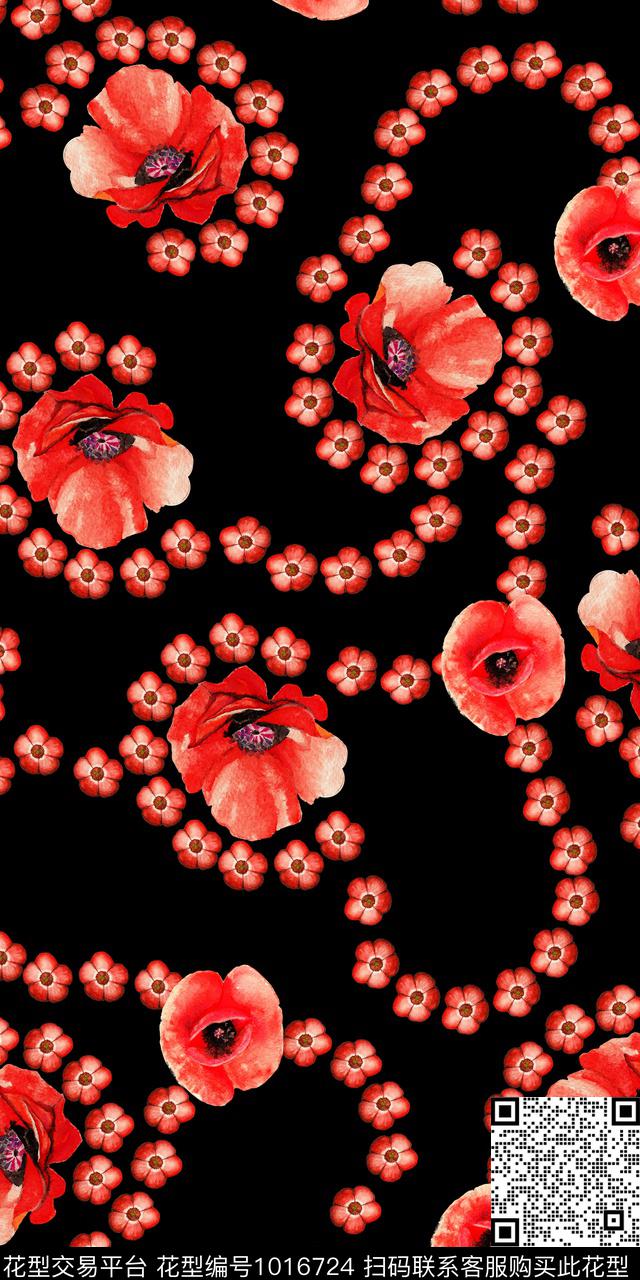 小碎花手绘花卉深底花卉数码印花华亿平台下载（图片编号: 1016724） - 瓦栏（Walan）