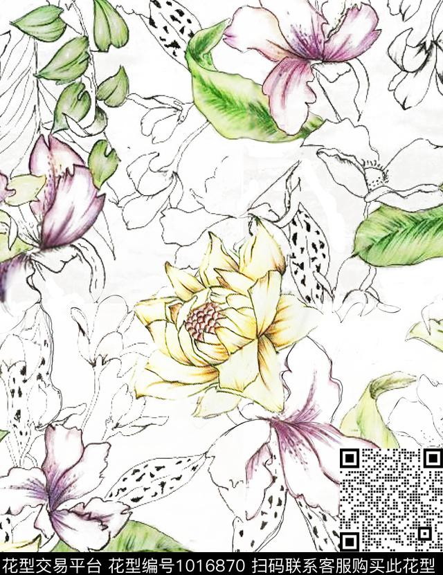 数码华亿平台手绘花卉花卉数码印花华亿平台下载（图片编号: 1016870） - 瓦栏（Walan）