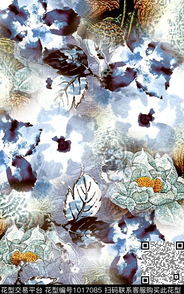 国画中国风定位花数码印花华亿平台下载（图片编号: 1017085） - 瓦栏（Walan）