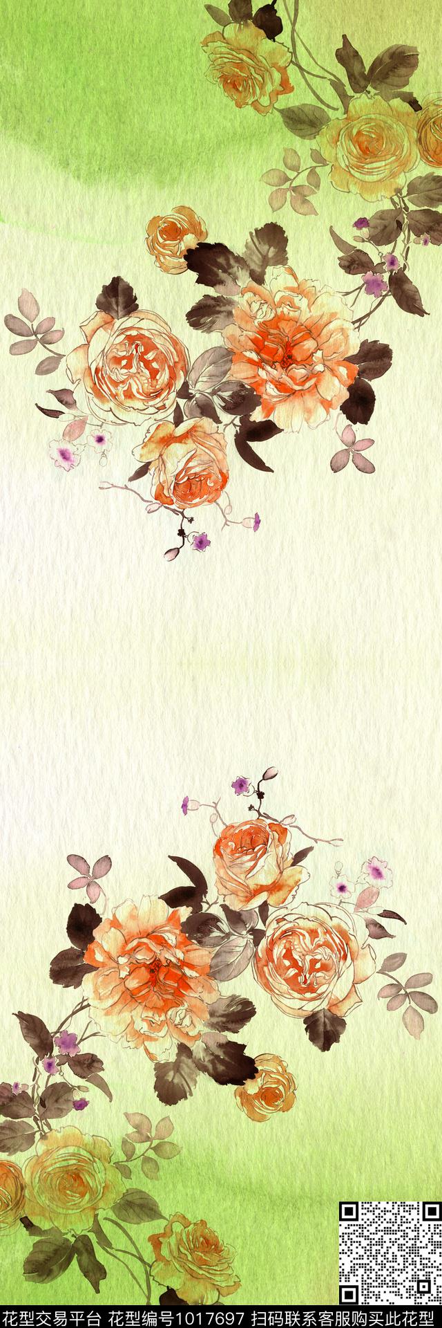 水彩花卉旗袍中国风定位花数码印花华亿平台下载（图片编号: 1017697） - 瓦栏（Walan）