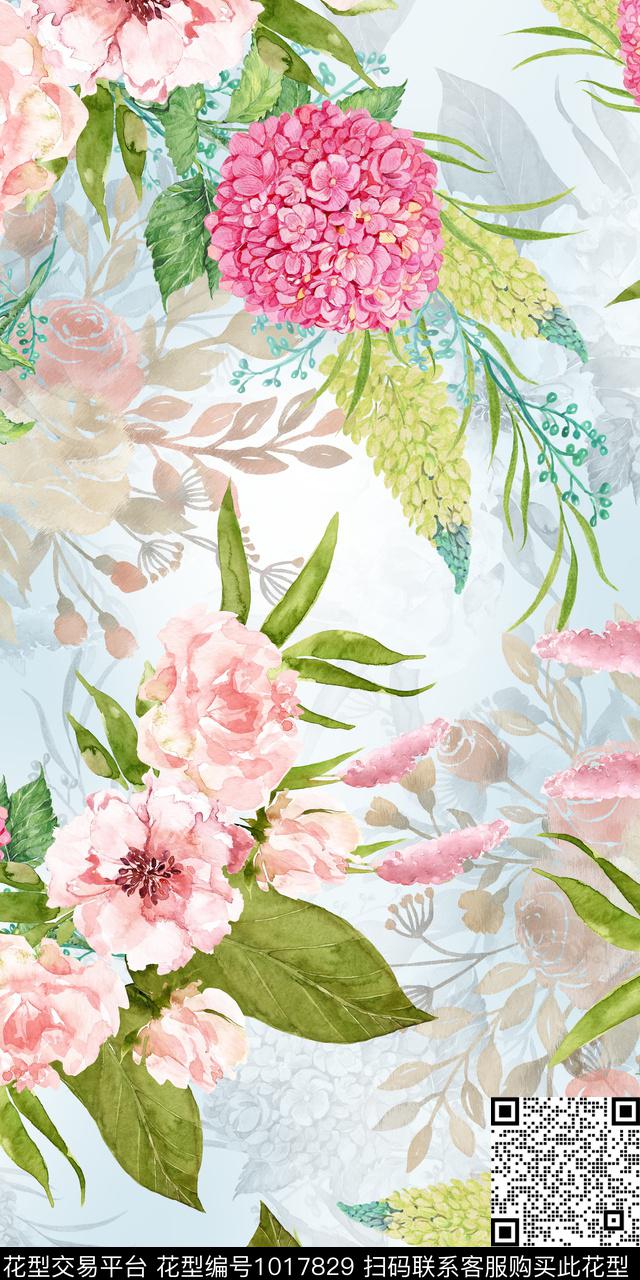 手绘花卉花卉满版散花数码印花华亿平台下载（图片编号: 1017829） - 瓦栏（Walan）