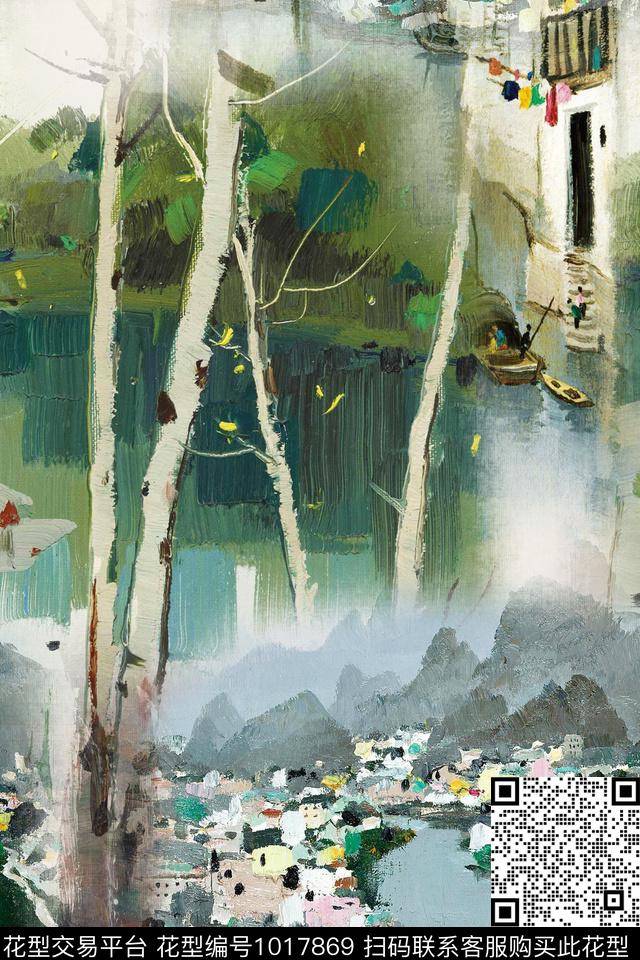 风景景观国画水墨风数码印花华亿平台下载（图片编号: 1017869） - 瓦栏（Walan）