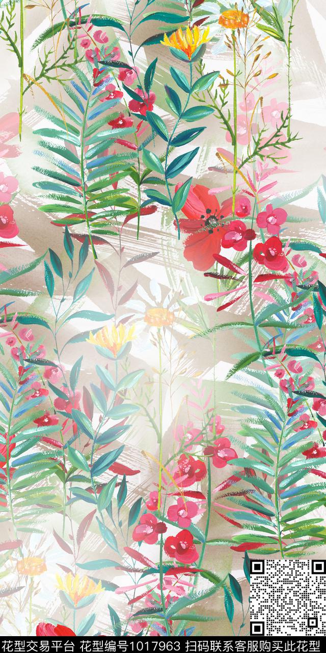 手绘花卉满版散花棉麻数码印花华亿平台下载（图片编号: 1017963） - 瓦栏（Walan）