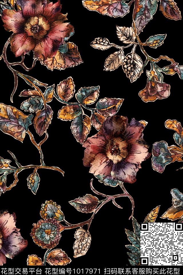 花卉黑底花卉手绘花卉数码印花华亿平台下载（图片编号: 1017971） - 瓦栏（Walan）
