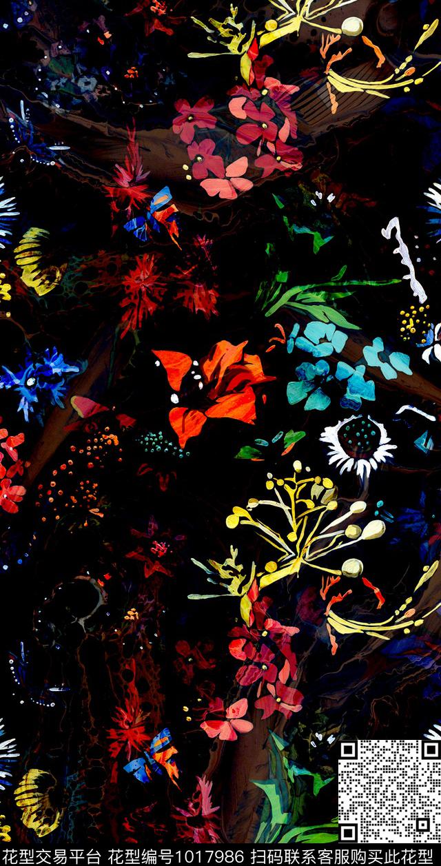 渐变花卉黑色小碎花小碎花数码印花华亿平台下载（图片编号: 1017986） - 瓦栏（Walan）