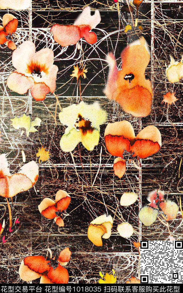 花卉笔触数码印花华亿平台下载（图片编号: 1018035） - 瓦栏（Walan）