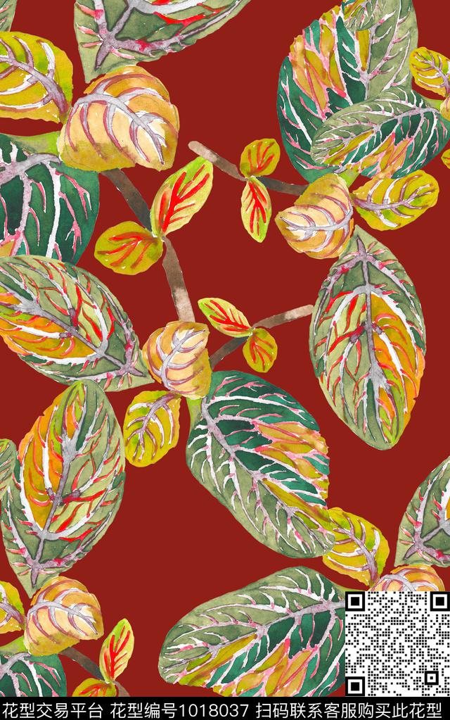 花卉笔触绿植树叶数码印花华亿平台下载（图片编号: 1018037） - 瓦栏（Walan）