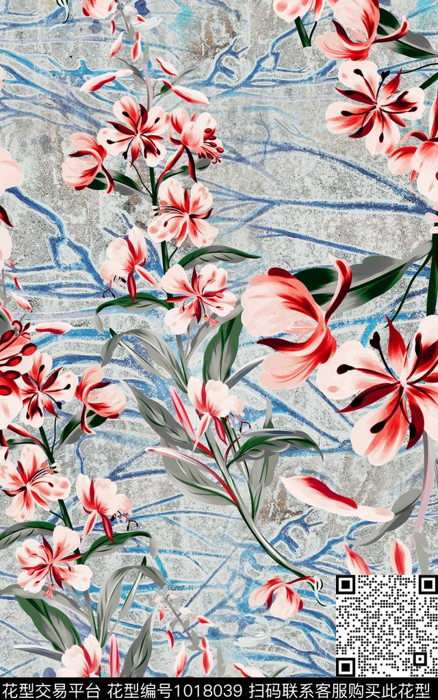 花卉笔触数码印花华亿平台下载（图片编号: 1018039） - 瓦栏（Walan）